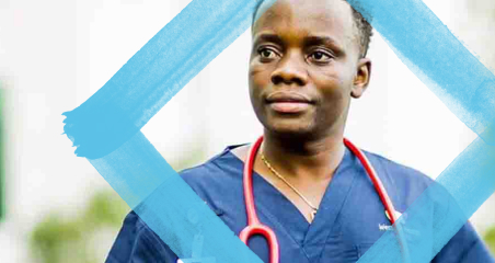 1. A nurse in blue scrubs stands beside a blue square, symbolizing healthcare and professionalism.